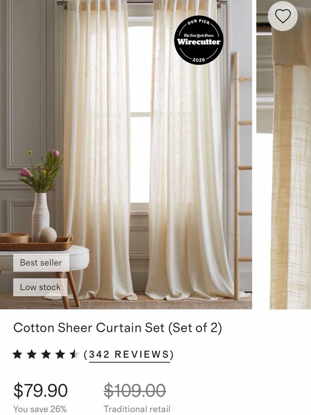 Quince Cotton Sheer Curtain Set of 2 Ivory 48 x 108